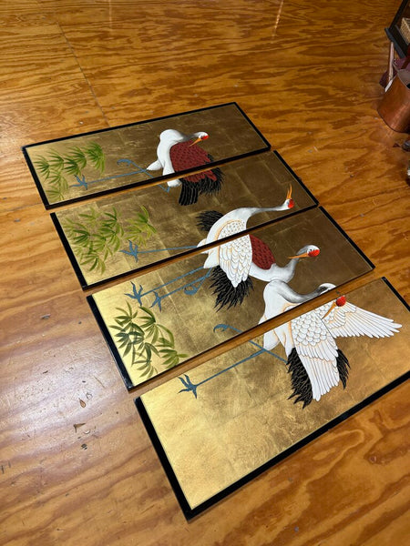 Set of 4 Gold Asian Crane Panels 36" x 12" each W0225