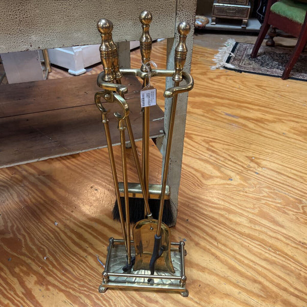 Vintage 5 Piece Brass Hollywood Regency Fireplace Tool Set w/ Stand