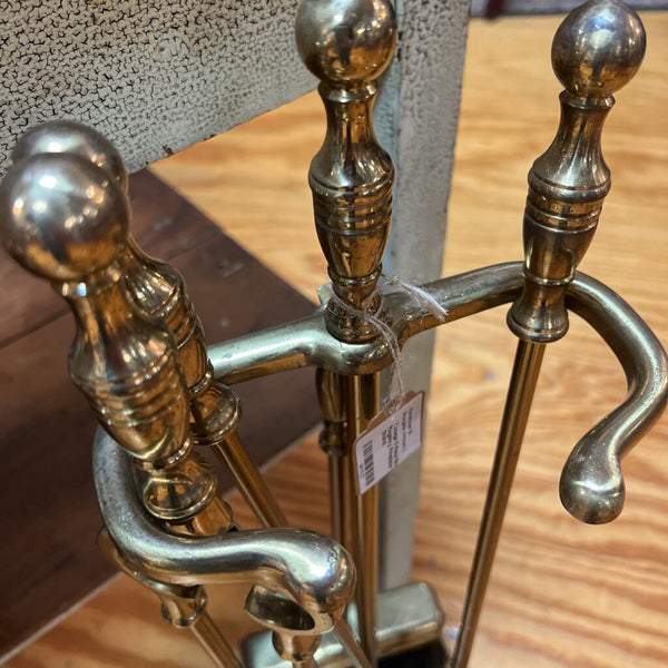Vintage 5 Piece Brass Hollywood Regency Fireplace Tool Set w/ Stand