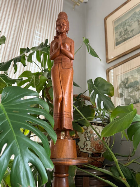 Thai Sawasdee Lady Wooden Statue 30.25 inches tall