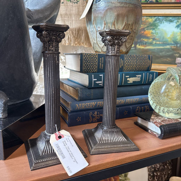 Moxie - Pair of Metal Column Design Candle Holders - 8"