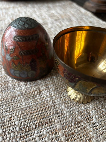 Vintage Brass Enamel Cloisonne Egg Trinket Box w/ Stand