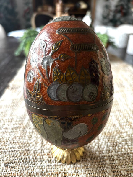 Vintage Brass Enamel Cloisonne Egg Trinket Box w/ Stand