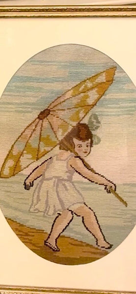 Vintage Framed Needlepoint Girl on the Beach Artwork 17" x 24"