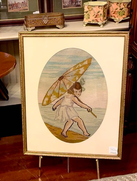 Vintage Framed Needlepoint Girl on the Beach Artwork 17" x 24"