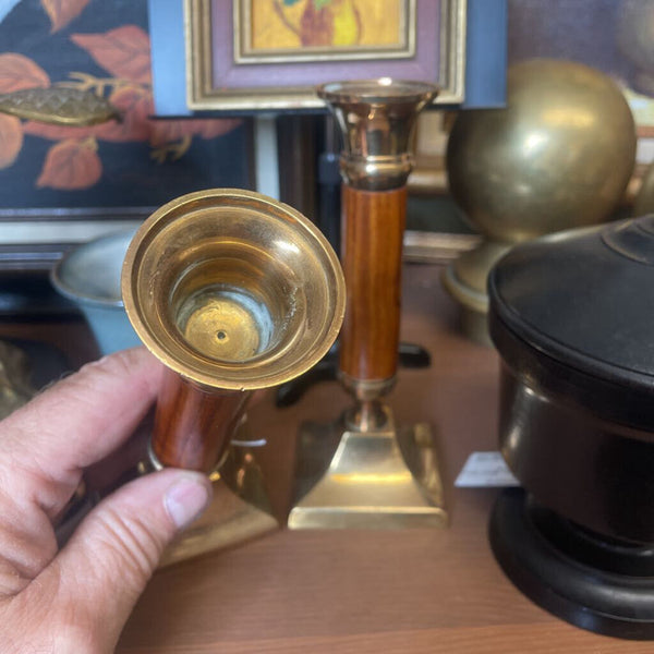 Moxie - Pair of Brass and Wood Candlesticks - 6.5"