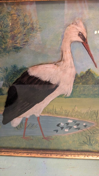 Antique Victorian painting with stork with real feathers folk art