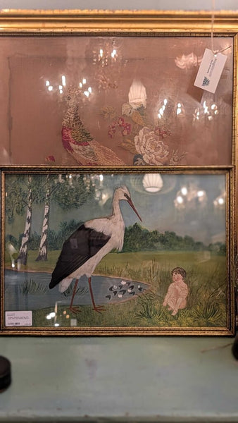 Antique Victorian painting with stork with real feathers folk art