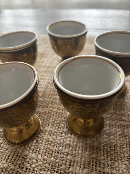 Set of 5 Vintage Turkish Coffee Cups/ Egg Holders Etched Brass w/Ceramic Inserts & Tray