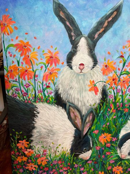 Bunnies acrylic painting signed (40" tall) in store pick up only