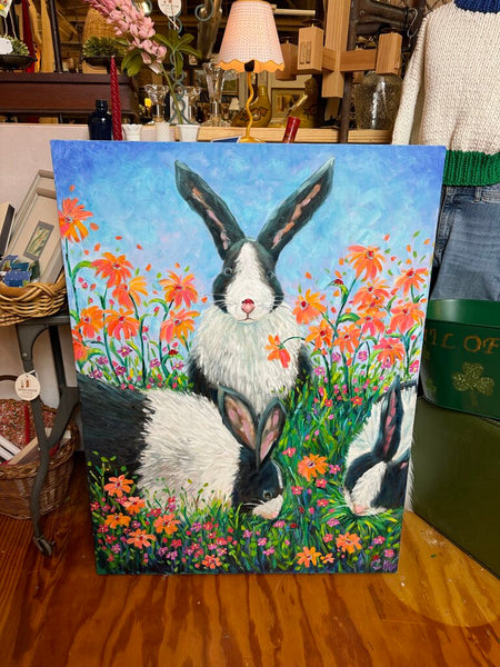 Bunnies acrylic painting signed (40" tall) in store pick up only