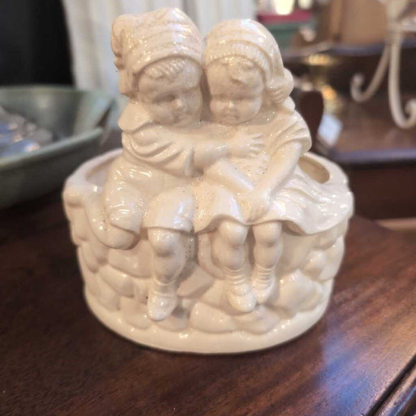 White Vintage Planter from Japan. Boy and Girl Sitting on Fence