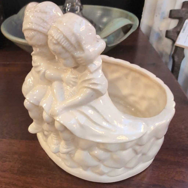 White Vintage Planter from Japan. Boy and Girl Sitting on Fence