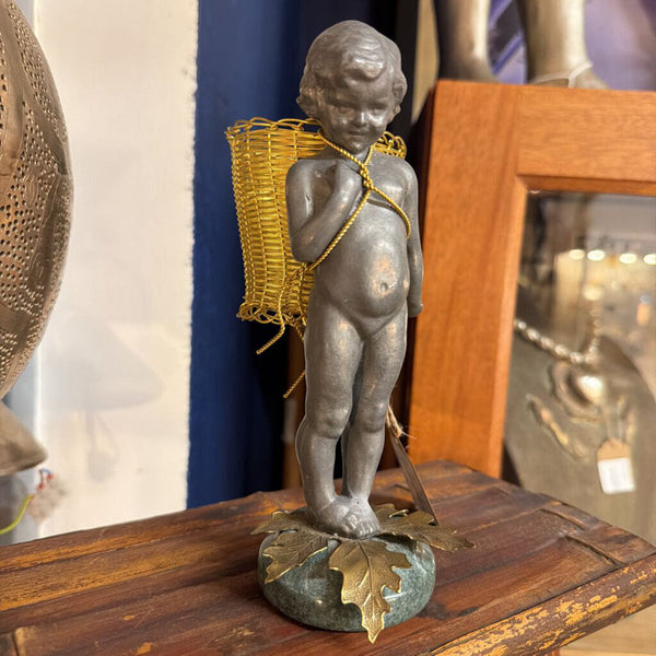Vintage Petites Choses Young Pewter Girl Figurine w/ Brass Basket 7.5"