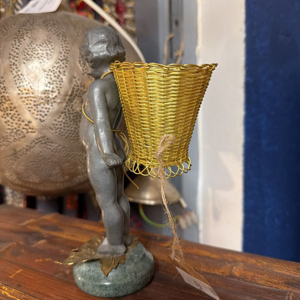 Vintage Petites Choses Young Pewter Girl Figurine w/ Brass Basket 7.5"