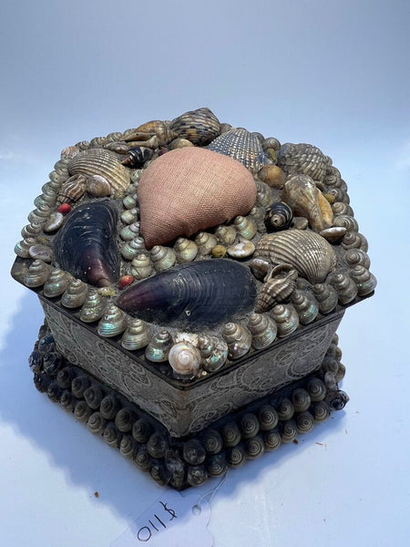 Antique Victorian Shell Valentines Box W Pin Cushion VERY FRAGILE