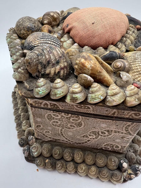 Antique Victorian Shell Valentines Box W Pin Cushion VERY FRAGILE