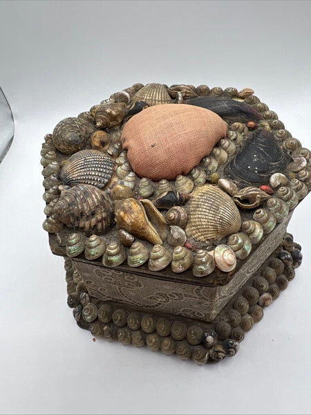 Antique Victorian Shell Valentines Box W Pin Cushion VERY FRAGILE