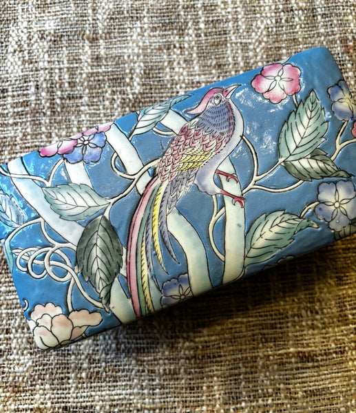 Vintage Bird of Paradise Blue Ceramic Box 8.5W x 4H