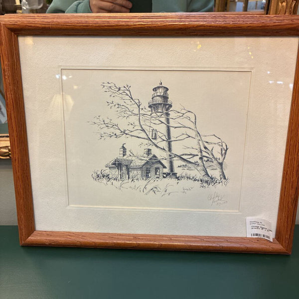 Vintage Signed Lighthouse Etching Artwork 12" x 15"