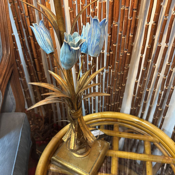 Gold and Blue Ceramic Flower Table Lamp (As Found/Pre-loved) W2171