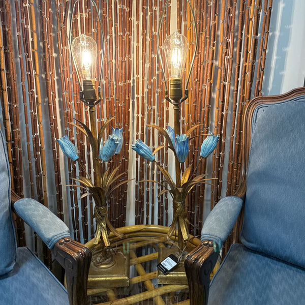 Gold and Blue Ceramic Flower Table Lamp (As Found/Pre-loved) W2171