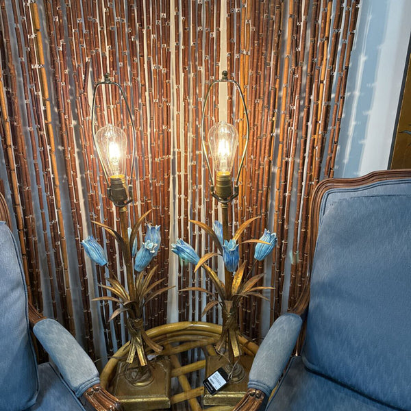 Gold and Blue Ceramic Flower Table Lamp (As Found/Pre-loved) W2171