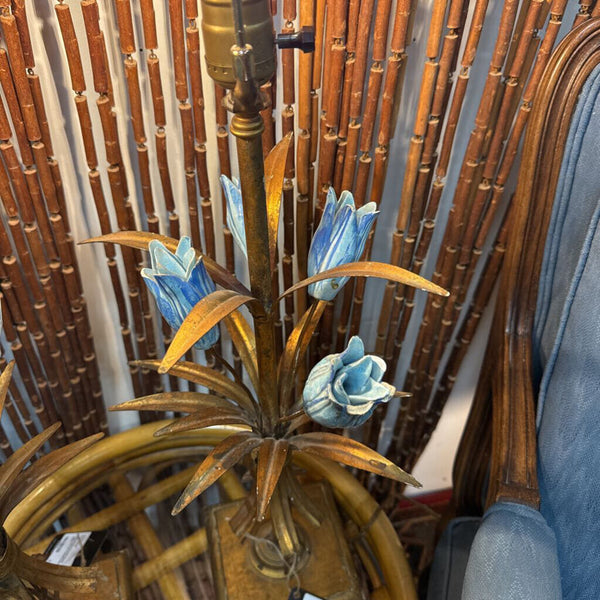Gold and Blue Ceramic Flower Table Lamp (As Found/Pre-loved) W2173