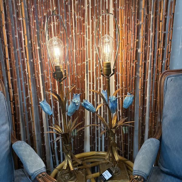 Gold and Blue Ceramic Flower Table Lamp (As Found/Pre-loved) W2173