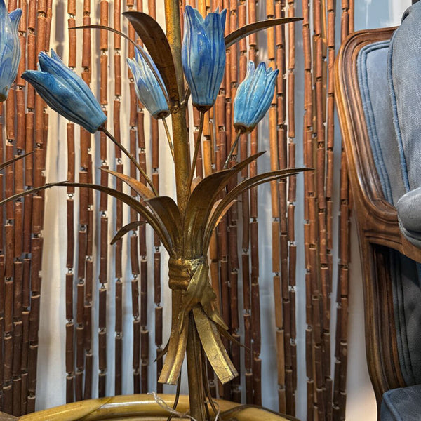 Gold and Blue Ceramic Flower Table Lamp (As Found/Pre-loved) W2173