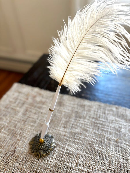 Vintage White Feather Pen in Ornate Metal Base
