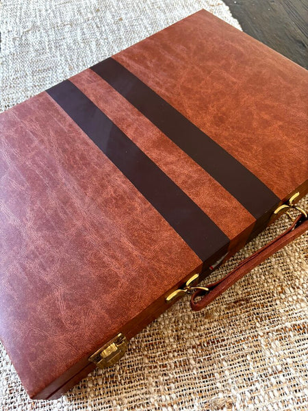 Vintage Mini Travel Games Faux Leather Case Backgammon Chess Dominoes Cribbage