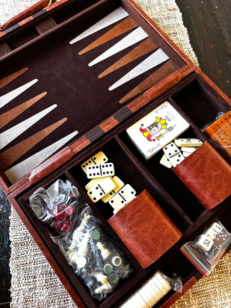 Vintage Mini Travel Games Faux Leather Case Backgammon Chess Dominoes Cribbage