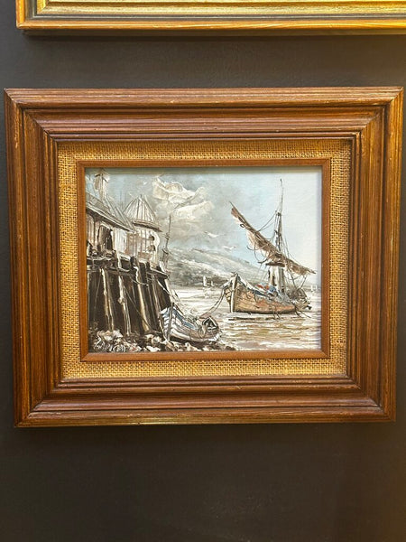 FRAMED VINTAGE HARBORSCAPE, OIL ON BOARD. SIGNED 15 1/4" x 13 1:4
