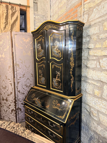 BLACK LACQUERED DROP FRONT SECRETARY DESK HUTCH 42W 88T 20D IN STORE PICK UP ONLY ART IN SHELF IS HAS BEEN ATTACHED TO BACK