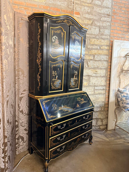 BLACK LACQUERED DROP FRONT SECRETARY DESK HUTCH 42W 88T 20D IN STORE PICK UP ONLY ART IN SHELF IS HAS BEEN ATTACHED TO BACK