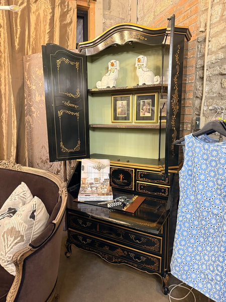 BLACK LACQUERED DROP FRONT SECRETARY DESK HUTCH 42W 88T 20D IN STORE PICK UP ONLY ART IN SHELF IS HAS BEEN ATTACHED TO BACK