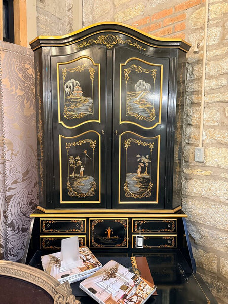 BLACK LACQUERED DROP FRONT SECRETARY DESK HUTCH 42W 88T 20D IN STORE PICK UP ONLY ART IN SHELF IS HAS BEEN ATTACHED TO BACK
