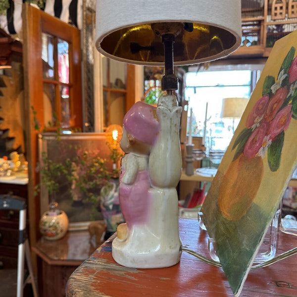 Sweet Dutch boy pink ceramic lamp as found