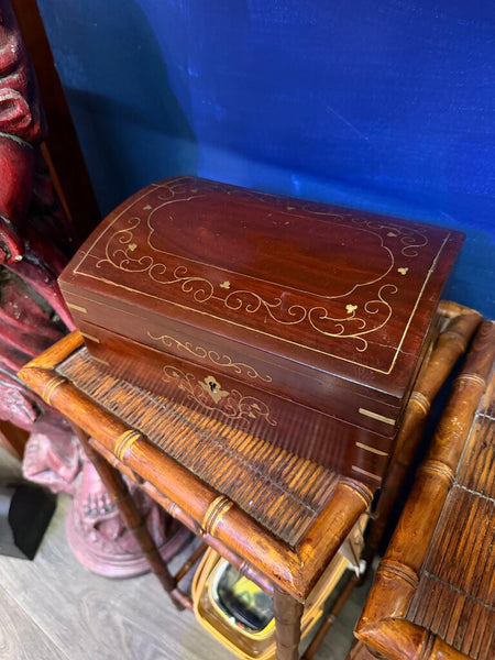 Vintage brass inlaid wooden trinket box