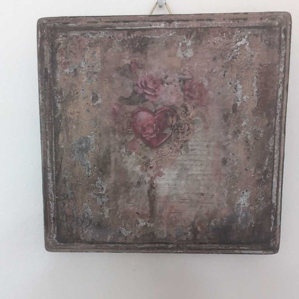 Victorian Heart Decor on Patina Wood 5x5