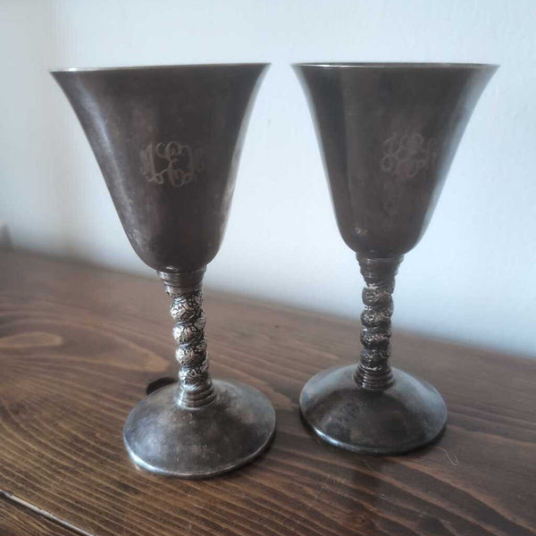 Pr of Mid Century Silverplate Wine Glasses from Spain 6 in.