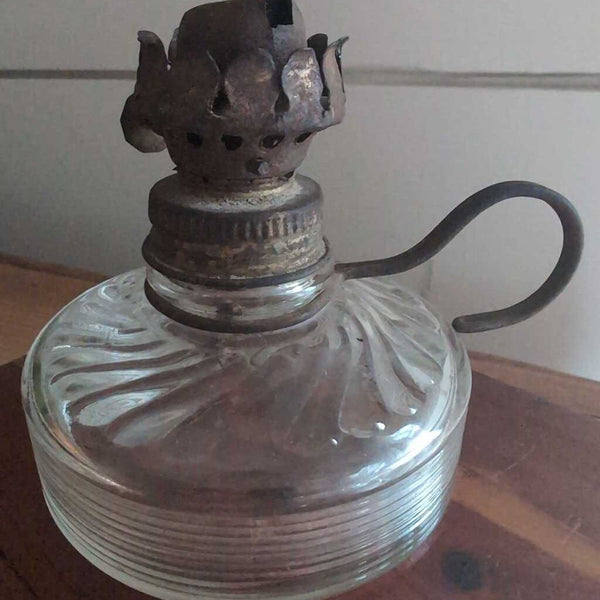 Antique Clear Glass Finger Oil Lamp with Metal Handle 3 in