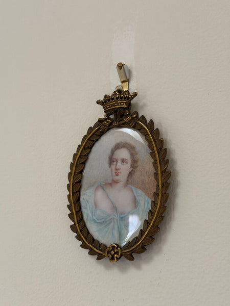 2449 French Antique Miniature Hand Painted Portrait of Woman in Crown Motif Frame