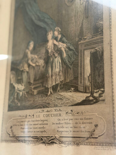 0501 18th C. Hand Colored French Engraving "Le Coucher" by Duclos & Bosse in Bow Swag Frame (as-is)
