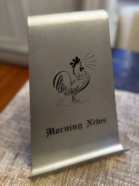 Vintage MCM Aluminum Rooster Morning News Newspaper Tabletop Stand Wife's Side
