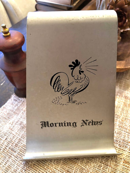 Vintage MCM Aluminum Rooster Morning News Newspaper Tabletop Stand Wife's Side