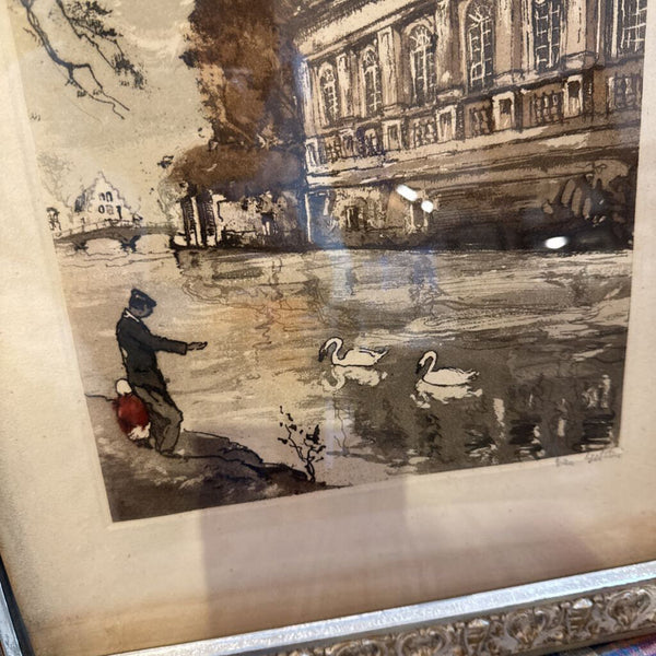 Vintage Sketch France River Feeding Swans Signed 15x18