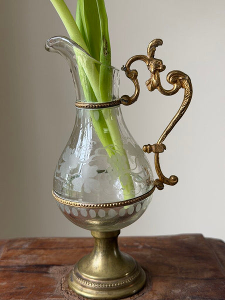 2451 Antique French Etched Glass and Brass Ewer/Bud Vase