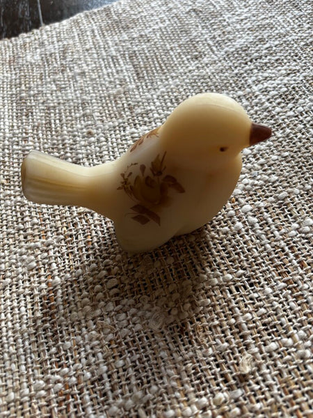 Vintage Fenton Satin Glass Hand Painted Brown Flowers Bird signed